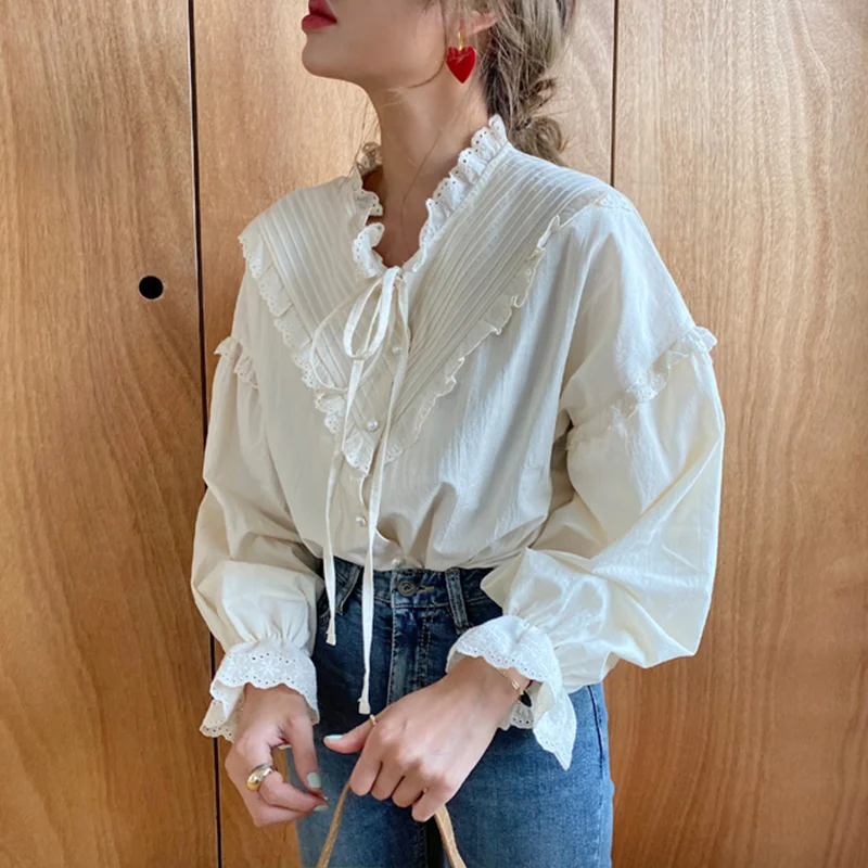 

2020 New Fashion Hollow Out Vintage Elegant Bow V-neck Tops Women Shirt Solid Long Sleeve Korean Style Loose Blouses Blusas