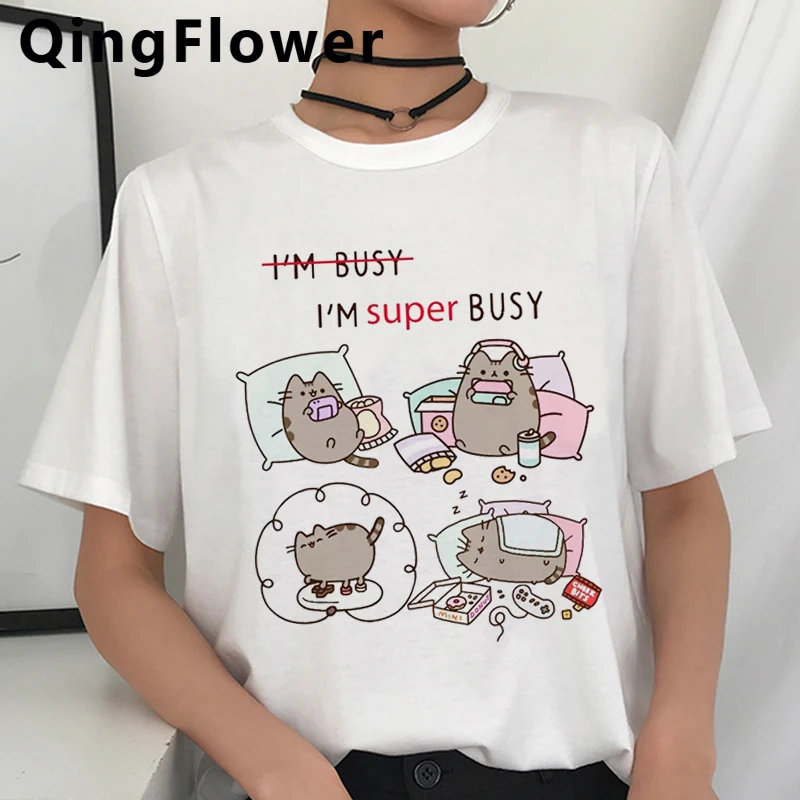Pusheen Кошка Kawaii Funmy футболки с рисунками из мультфильмов футболка для женщин I Am Busy