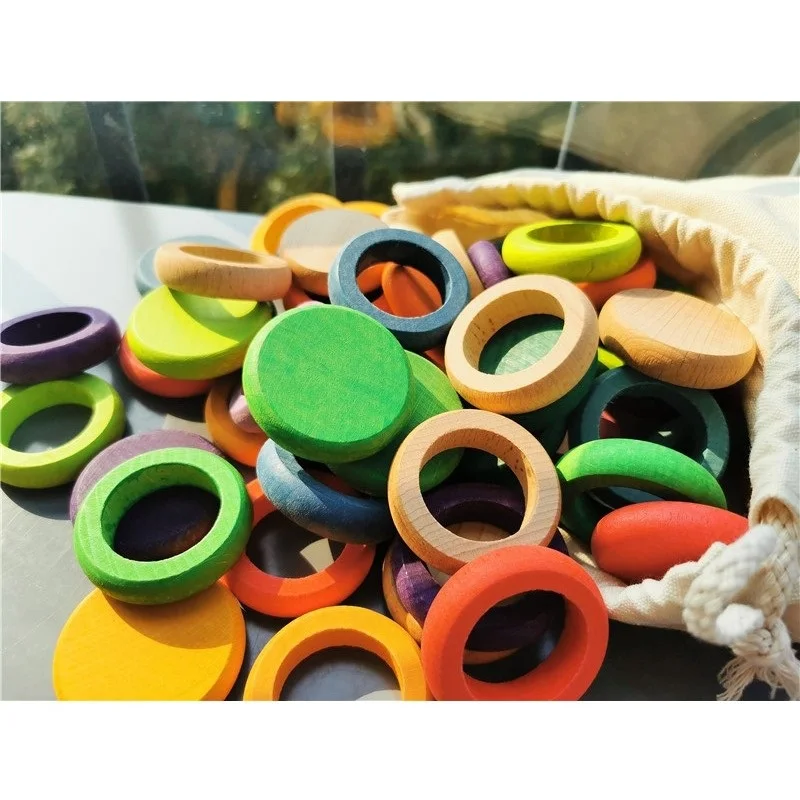 12 colors kids wooden toys beech rainbow coins and rings stackable blocks nature loose parts creative toy free global shipping
