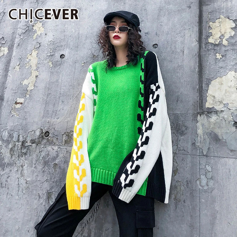 CHICEVER корейский хит цветной свитер для женщин круглый вырез длинный рукав