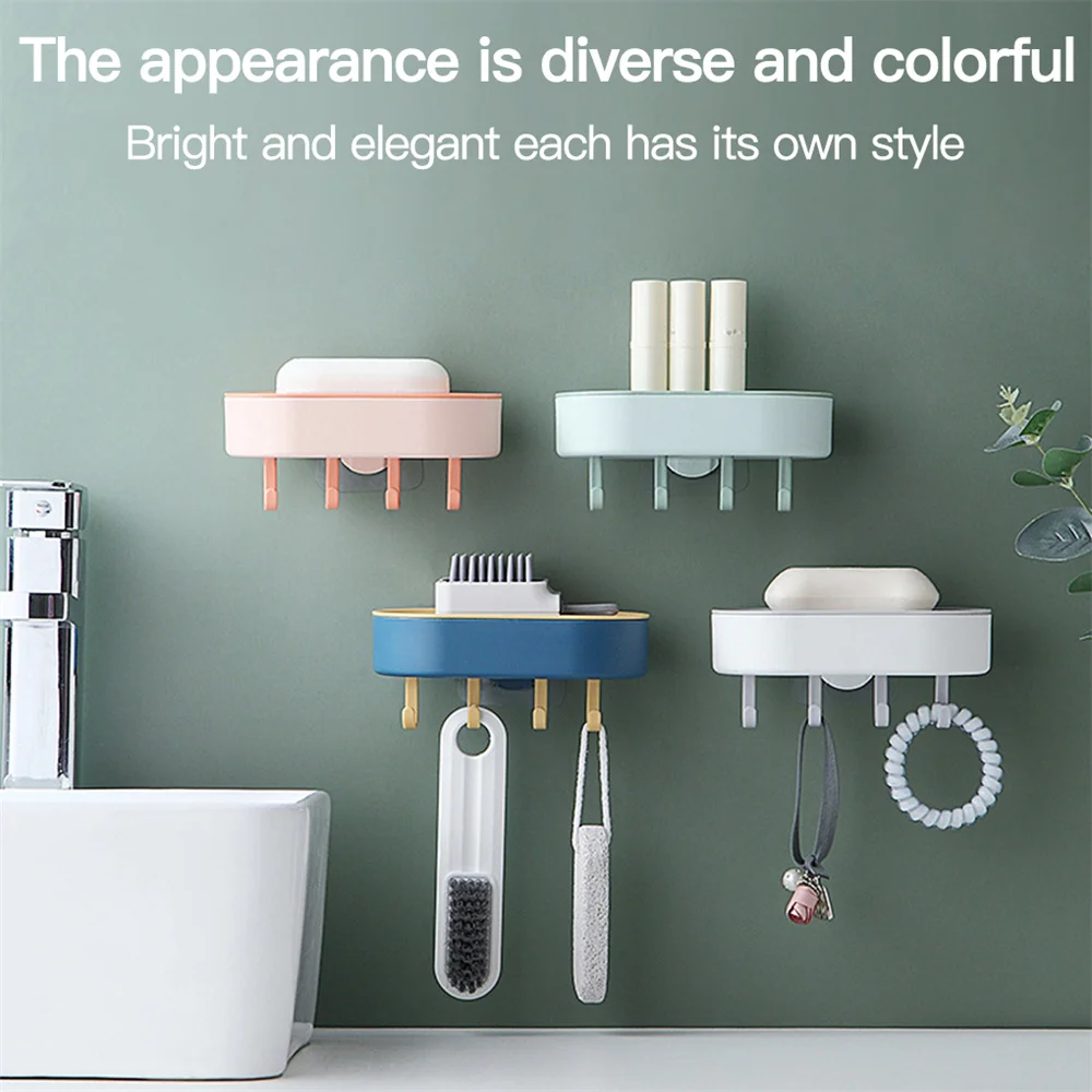 

Bath Soap Dish Wall Mounted Bathroom Soap Box Holder With Hook Sponge Storage Rack Plastic For Kitchen Toilet Punch Free Tray