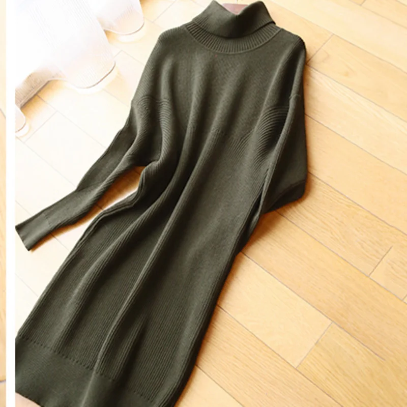 

LANMREM 2021 Autumn Mid-calf Length Natural Waist Turtleneck Knitted Navy Blue Dress Solid Color Basic Cloth For Women 2A2460