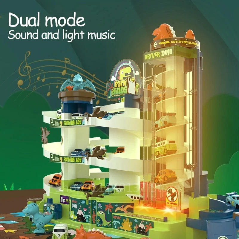 

Dinosaur Theme Automobile Building Electric Rail Model Car Children's Parking Lot Toys Large Three-dimensional Multilayer Garage