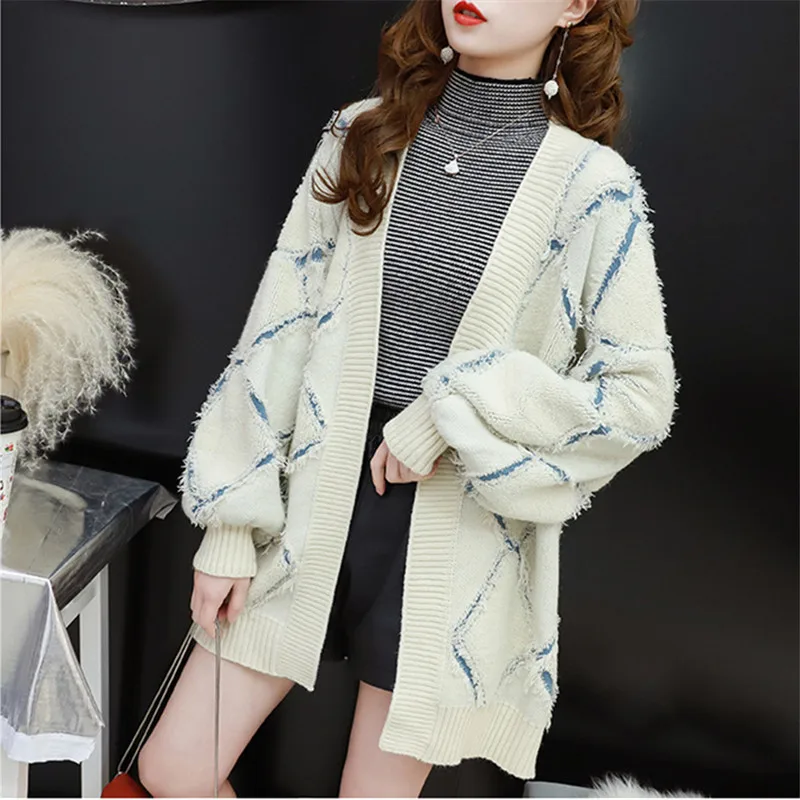 

Women Korean Sweater Cardigan Spring Fashion Plus Size Loose Lazy Wind Lantern Sleeve Diamond Pattern Ladies Knitting Coat A115