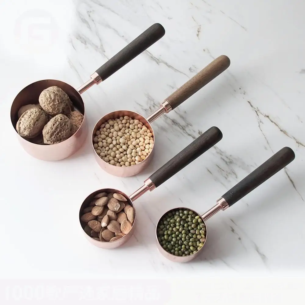 

Rose Gold Measuring Cup Spoon 4 Pieces Set Thickened Copper Plated Baking Seasoning Wooden Handl