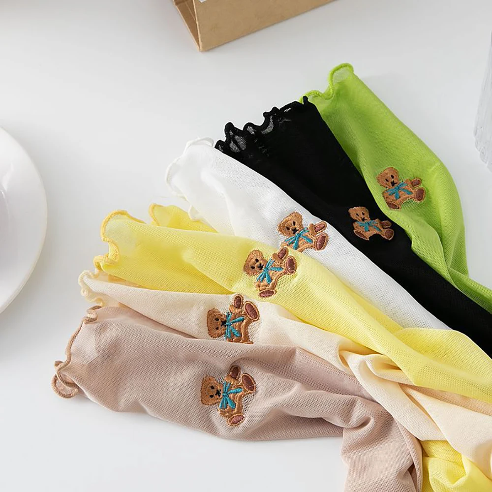 

Cute Embroidered Bear Mesh Socks Women Middle Tube Socks Harajuku Style Ruffle Socks Solid Color Breathable Socks
