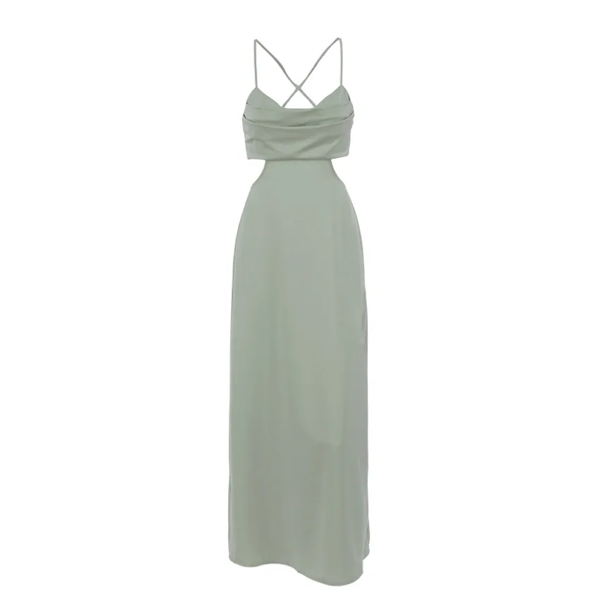 

2021 spring and summer new Satin solid color suspender dress women's wear European and American sexy hollow out backless dress