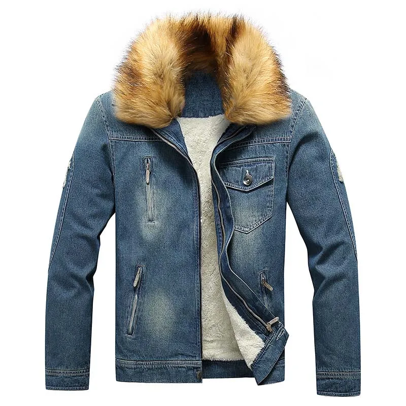 

Mcikkny Men's Warm Thick Denim Jackets With Fur Collar Fleece Lined Winter Jeans Jackets Outwear For Male Size S-6XL Windbreak