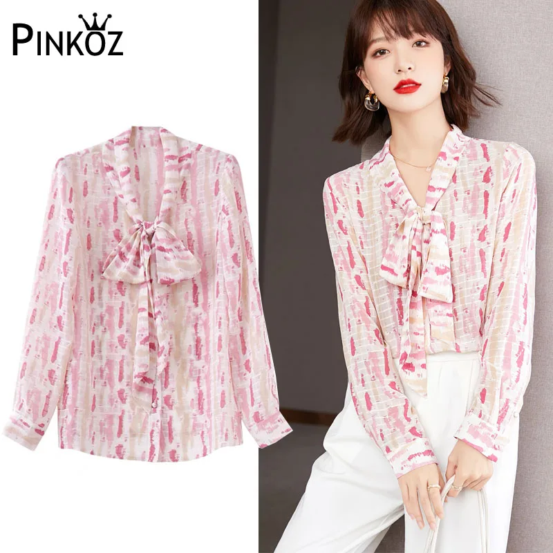 Дизайнерская розовая Женская блузка и рубашка Pinkoz с бантом на воротнике офисные