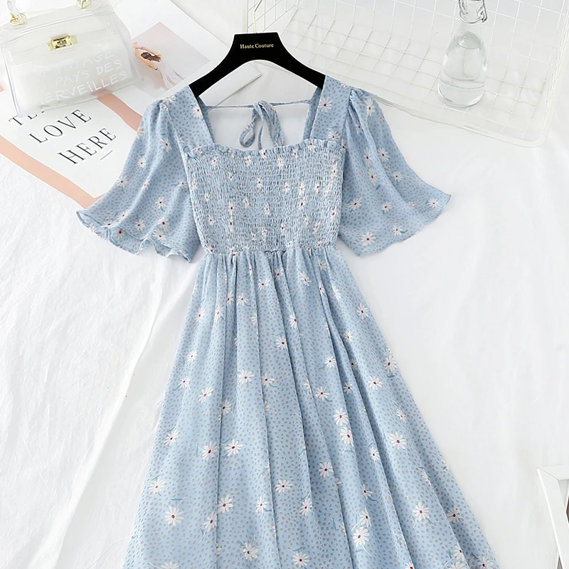 

Polka Dot Chiffon Dresses Waist Short-sleeved Lotus Leaf Sleeve Square Collar Dress Summer French Bellflower Vestidos New Z791