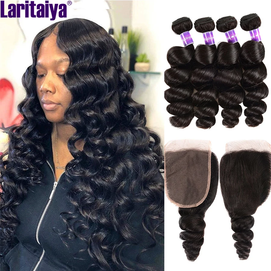 Laritaiya Loose Wave Bundles With Closure Peruvian 100% Virgin Human Hair Weave Extension Loose Wave 2/3 Bundles With Frontal