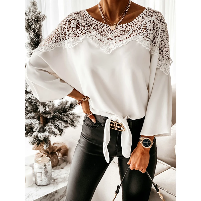 

Chic Lace Blouse And Tops Women Summer Hollow Out Flower Lace Patchwork Shirt 3/4 Sleeve All-match Femme Blusas Women Blouses