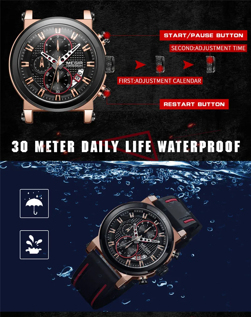 MEGIR мужские часы Топ бренд класса люкс золотые наручные с хронографом Дата