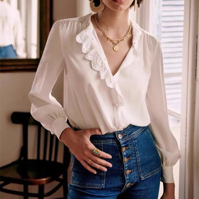 

Women's Fashion Shirt Embroidery Petal Collar Soft Silk Long Sleeve Single Breasted New 2023 Office Lady Solid Color Blouses