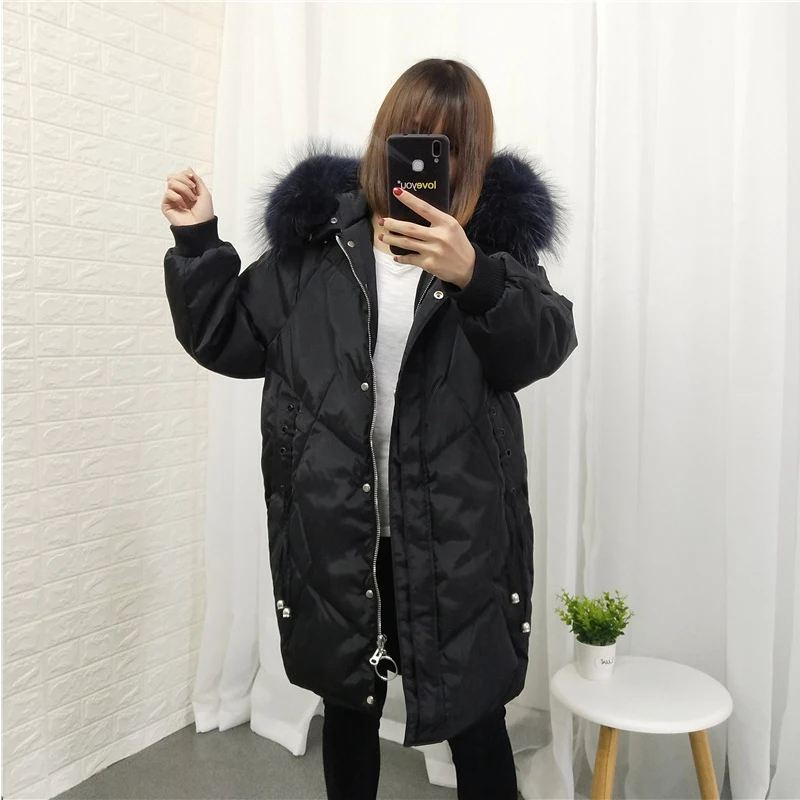 

Large Natural Fox Fur Hooded Winter Jacket Women 90% White Duck Down Thick Parkas Warm Snow Coat AA-605