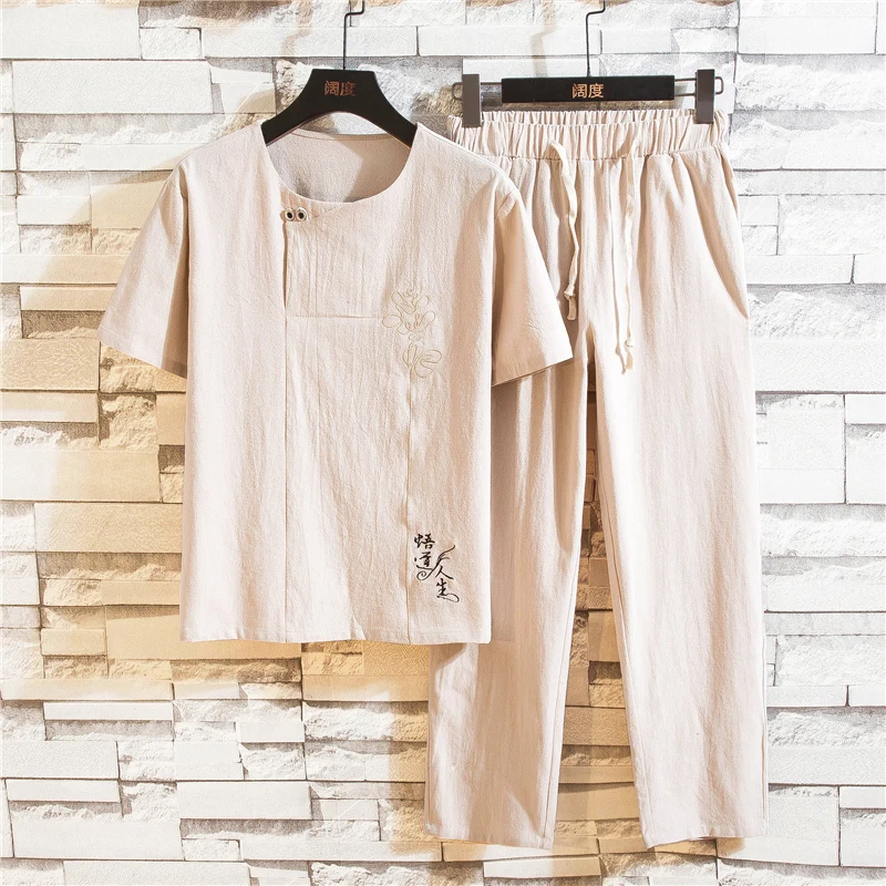 (Рубашка + брюки) 2021 Летняя мужская рубашка мужские рубашки из хлопка и льна