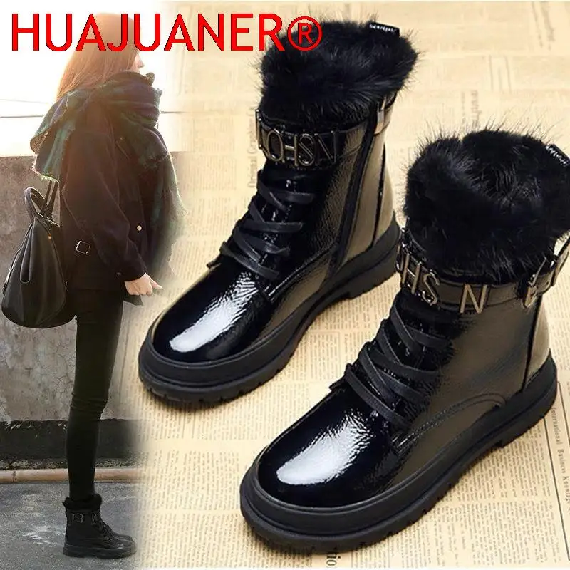 

Waterproof leather Snow Boots Woman Short Boots Mink Hair 2022 Women Long Plush Warm Shoes Platforms Heel Footware Buckle Black