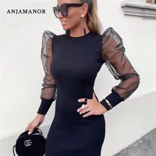 ANJAMANOR Пышное Сетчатое облегающее платье с длинным рукавом, сексуальное винтажное мини-платье, женские вечерние платья для ночного клуба, зимняя одежда D83-I32