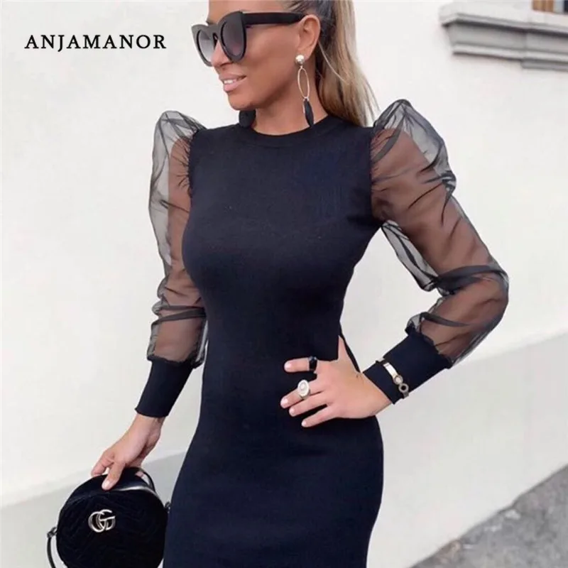 ANJAMANOR Пышное Сетчатое облегающее платье с длинным рукавом сексуальное винтажное