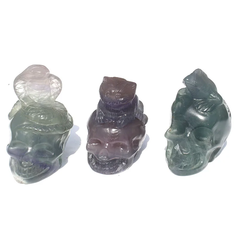 

1 Pcs natural rainbow fluorite cat / lizard / snake head crystal skulls