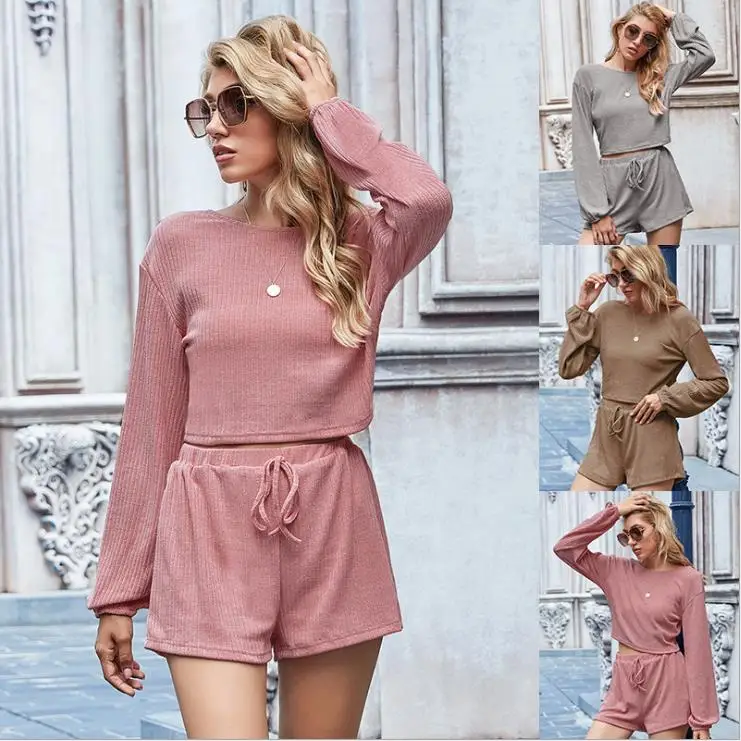 

2 Pcs Women's Long Sleeve Sportswear, Solid Color Elastic Ribbed Top, Baggy Short Pant Outfit Casual Set