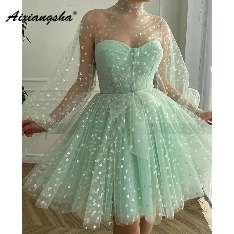 

Aixiangsha Real Fantasy Evening Dresses High Neck Long Puffy Sleeve Cut-Out With Bow Belt Graduation Gowns Formal Occasion