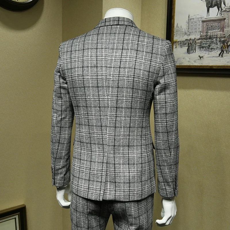 Formal British Grey Plaid Wool Blazer Suit Men Office Costume Homme Bridegroom Wedding Suits Jacket+Vest+Pants Woolen 3pcs Set | Мужская
