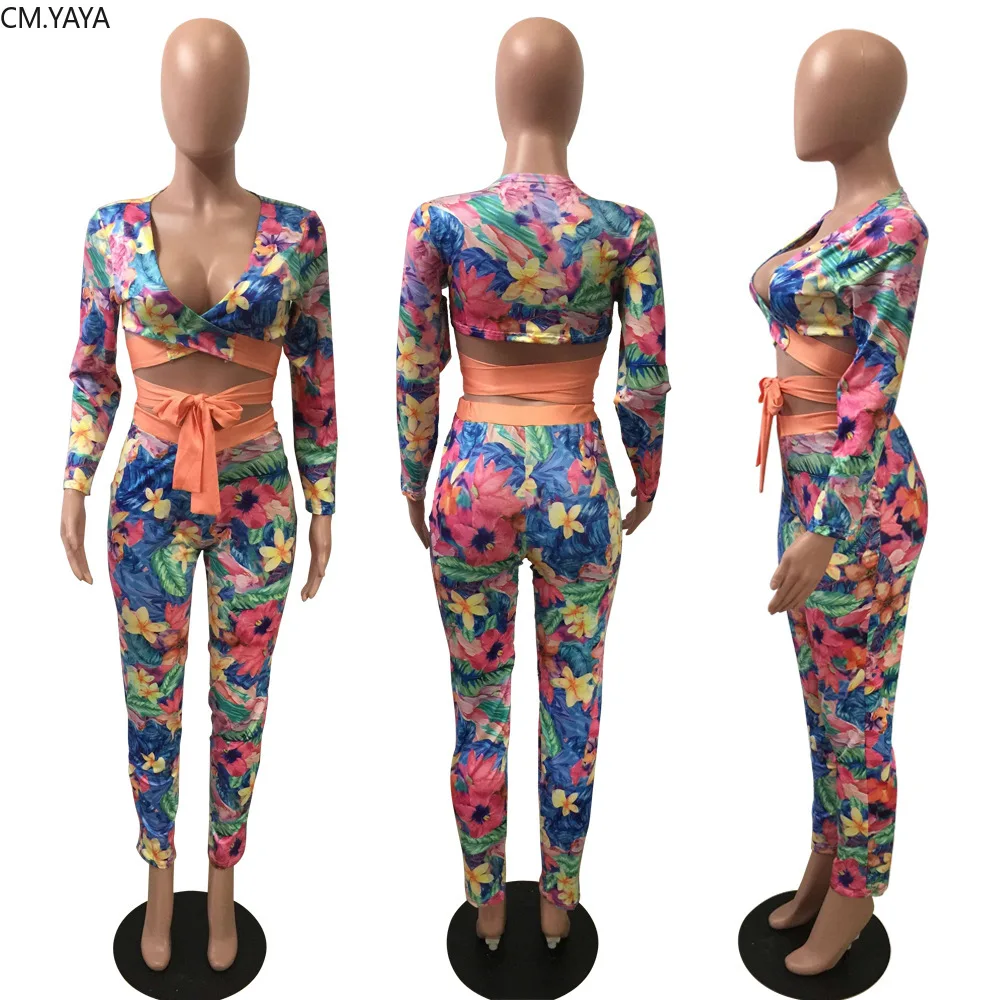 

Autumn Women floral print long sleeve crop top pants suit two piece set sexy party tracksuit outfit office lady overalls GLA8008