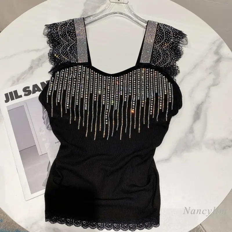 

New Sexy Lace Shoulder Strap Hot Rhinestone Stretch Camisole for Women 2021 Spring Summer Tank Tops Black