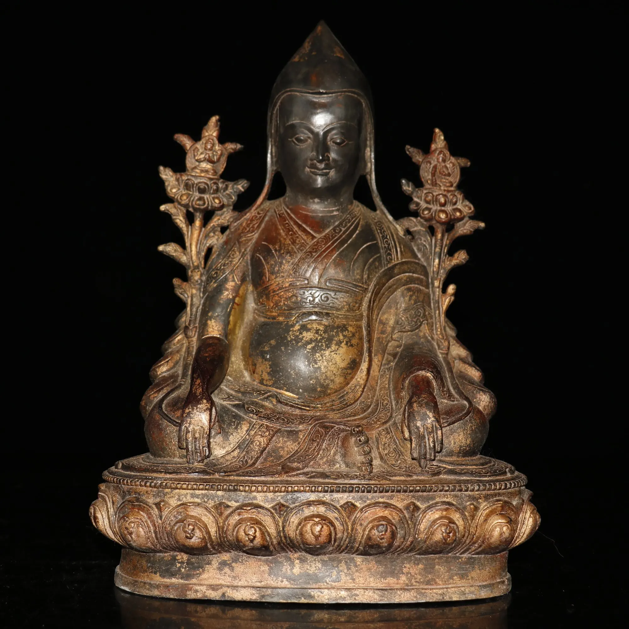 

11"Tibet Temple Collection Old Bronze Lacquer Cinnabar Tsongkhapa Buddha statue Sitting Buddha Enshrine the Buddha