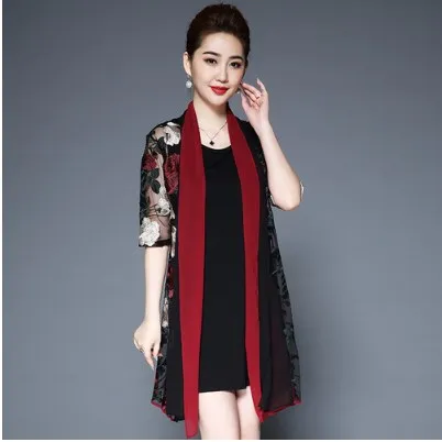 Ретро Винтаж Цветочная вышивка среднего возраста женское платье из двух частей