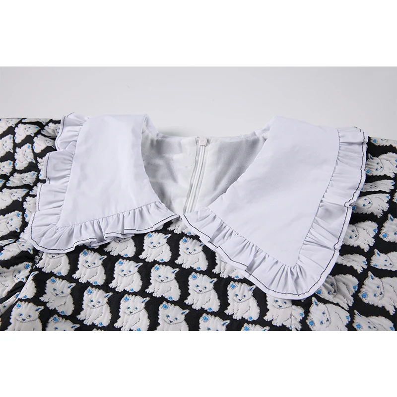 Платье-мини с длинными рукавами-фонариками и принтом кошки | Женская одежда