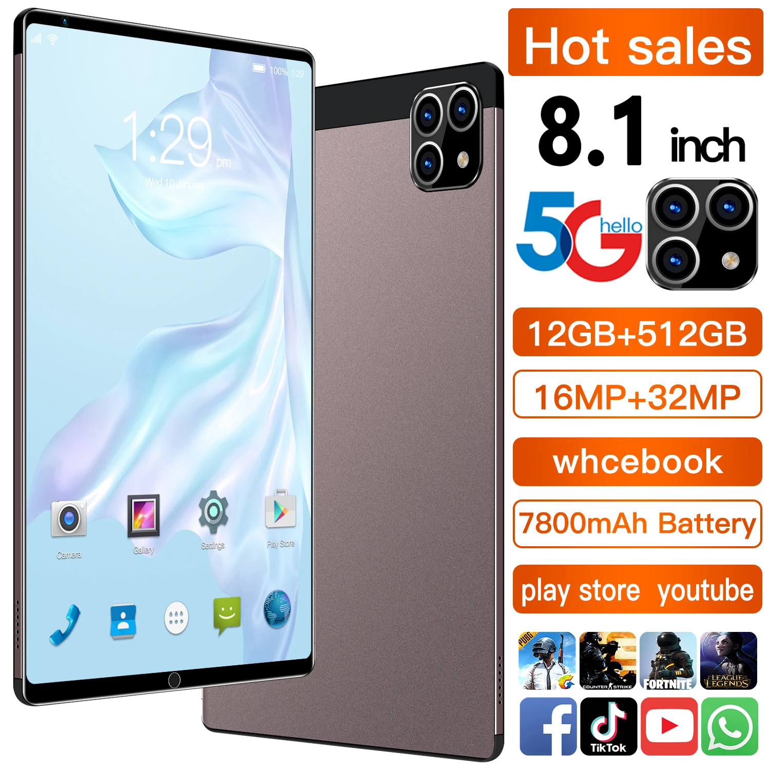 

Latest PG11F 8.1'' Tablet Version Portable Tablet PC 12GB RAM 512GB ROM Android Tablet GPS Google Pay 5G Tempered Glass Tablets