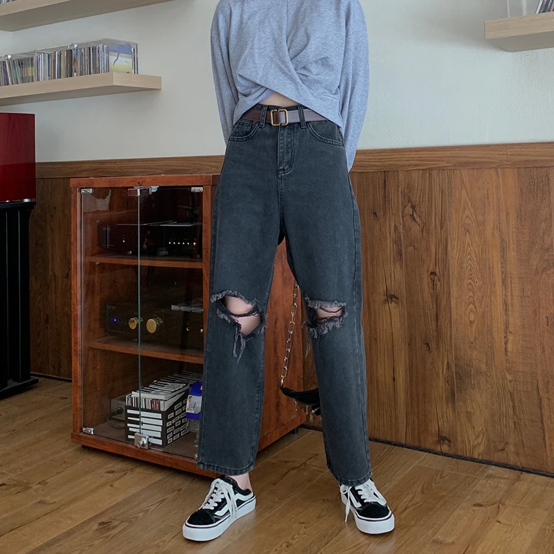 

DIMANAF Plus Size Women Jeans Pants Hole Denim Straight High Waist Female New Ripped Pockets Black Trousers Korea Large Size 4XL