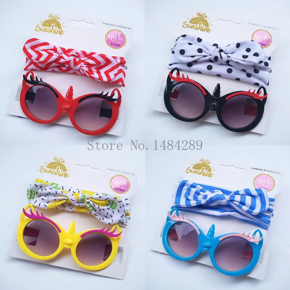 

2 шт./компл. милая детская одежда для маленьких девочек; Футболки с рисунком солнечных очков; Тюрбан повязка на голову, повязка на голову, ант...