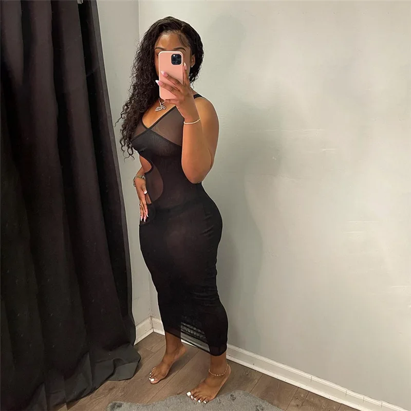 

wsevypo Sexy See Through Mesh Bodycon Dress Women Suspender Cut Out Skinny Midi Sundress Party Clubwear Solid Color Sheath