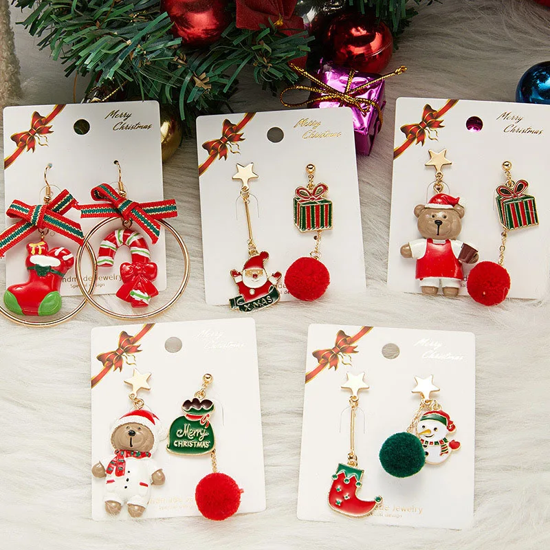 

New Design Asymmetric Earrings For Women Trendy Bijoux Xmas Tree Brown Bear Snowman Santa Claus Pendientes Hot Christmas Gifts