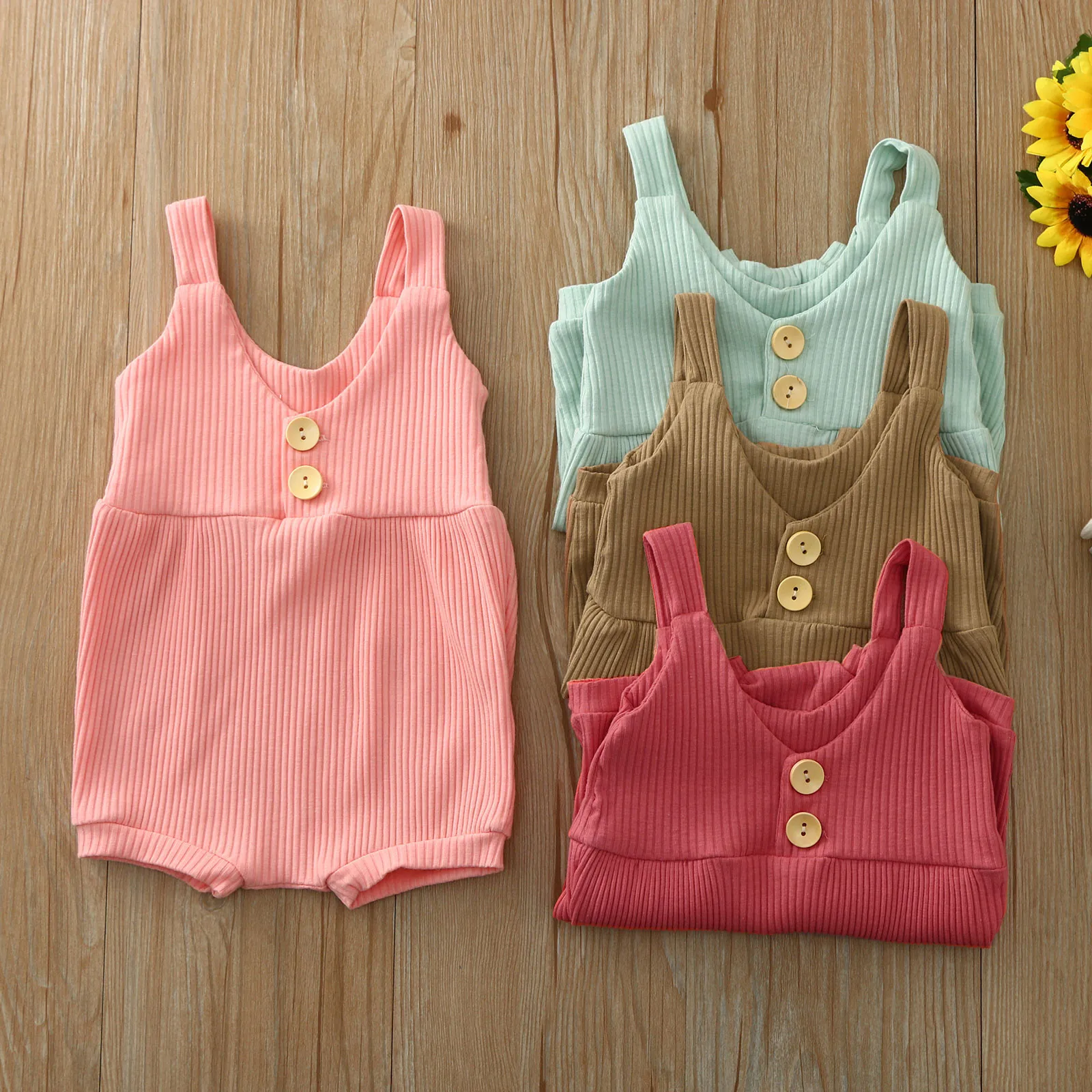 

Toddler Baby Girl Boy Sleeveless Ribbed Solid Romper Overalls Suspender Jumpsuit Casual Infant Rompers Sunsuit Newborn Clothes 2