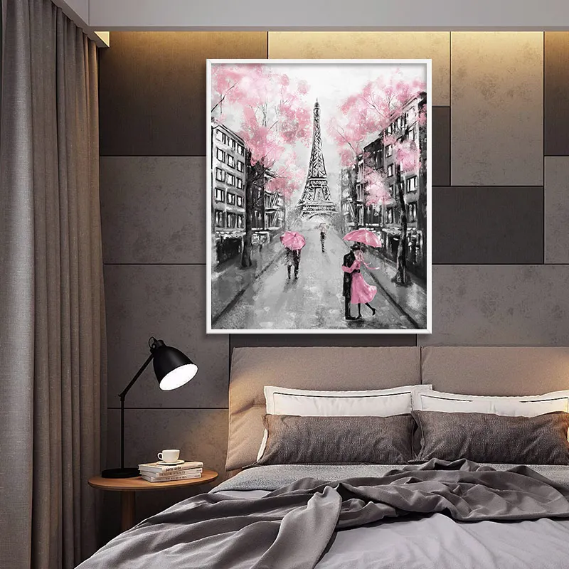 Пара с зонтом Париж Город Эйфелева башня Пейзаж абстрактная масляная живопись