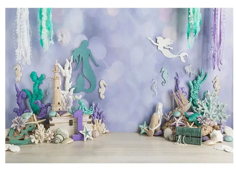 Mermaid Under The Sea Photography Backdrop Props Ocean Purple and Teal Girl One Birthday Party Starfish Shell Ocean Decoration enlarge