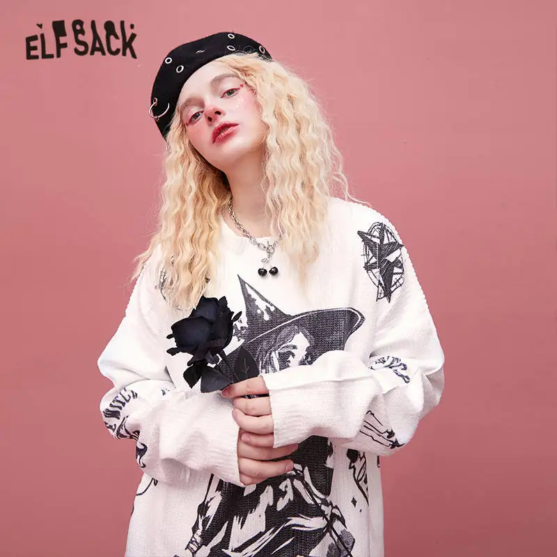 ELFSACK X Neimy Witch Print Loose Casual Pullover Women Sweaters,2020 Autumn Vintage Full Sleeve,Korean Female Daily Graphic Top