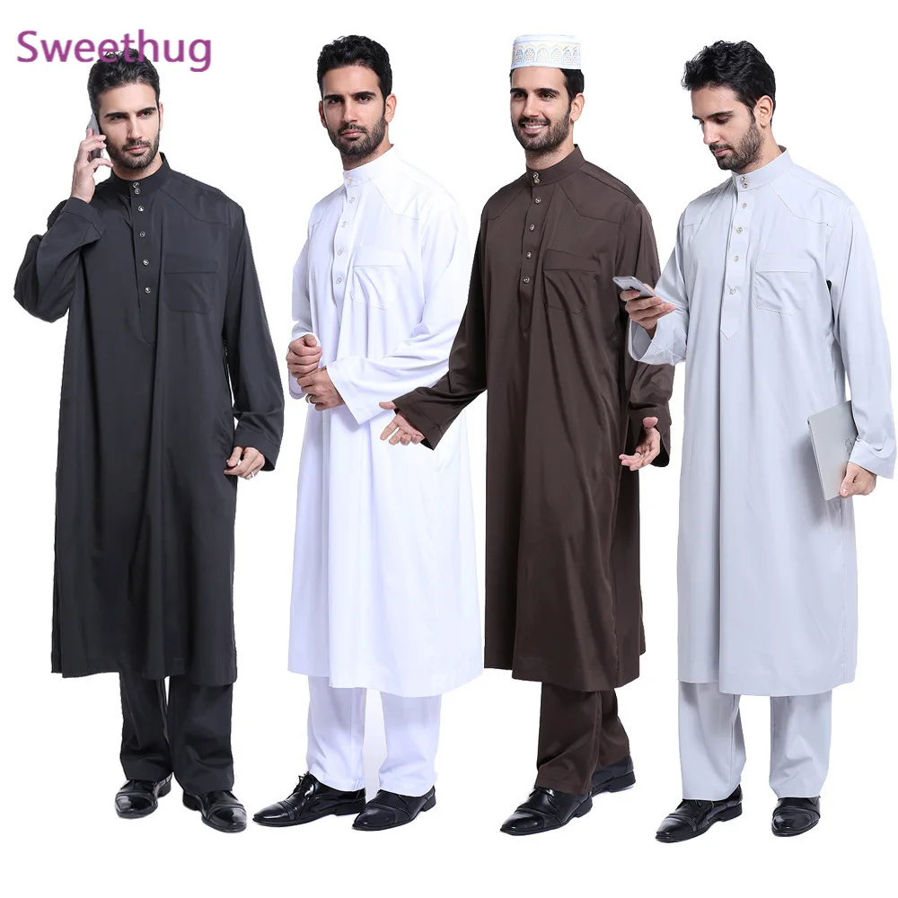 2021 Dubai Arab Islam Muslim Men Jubba Thobe Clothing Sets Long Robe 2 Piece Set Tops and Pants Saudi Musulim Wear Sets