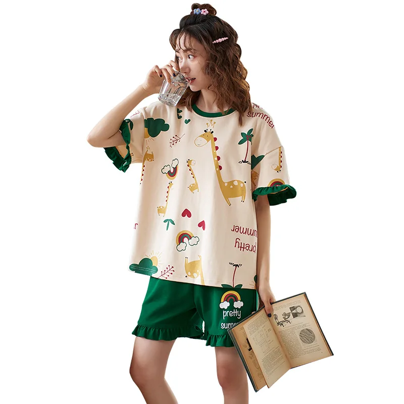 

Summer Korean Pajamas Cute Women's Cartoon Loose-Fit Home Wear Short Sleeved Shorts Suit Pjs Women Pijama Clothes