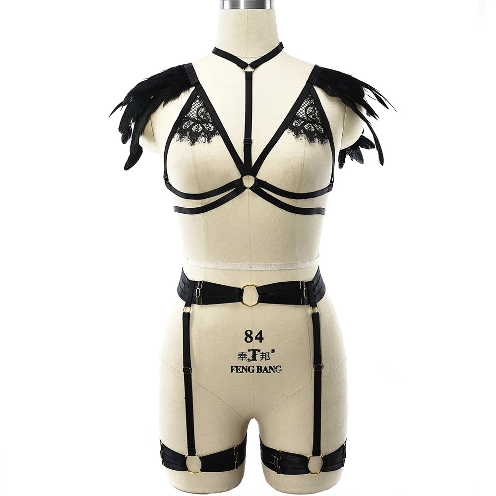 Черный кружевной бюстгальтер с перьями подвязка для ног пояс чулок пастельный