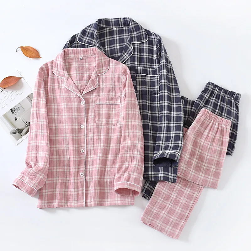 

100% Cotton Gauze Lovers Pajamas Spring Crepe Long-sleeved Sleepwear Plaid Casual Pajama Set Women and Men Home Clothes 2 Piece