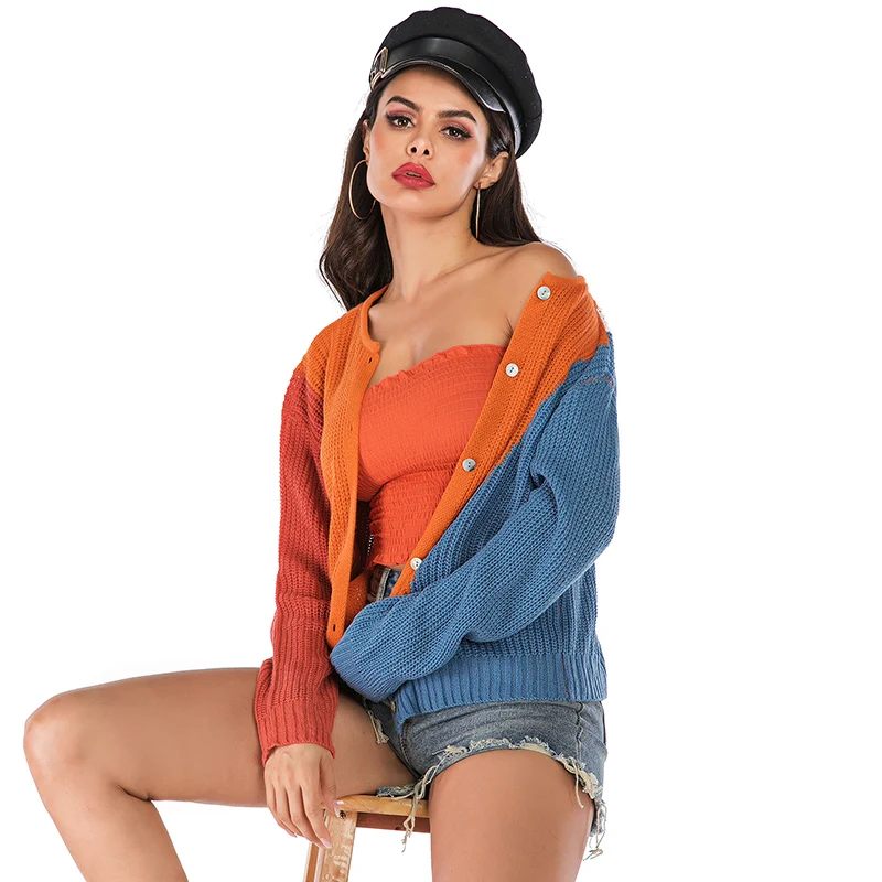 свитер женский 2019 с длинным рукавом контрастный цвет Кнопка обе стороны носить