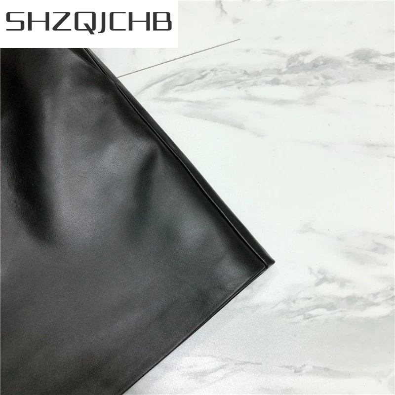 

JCHB 2021 Streetwear Lace Up Ribbons 100% Genuine Leather Shorts Female Fashion Zipper Sheepskin Wide Leg Shorts High Waits Skir