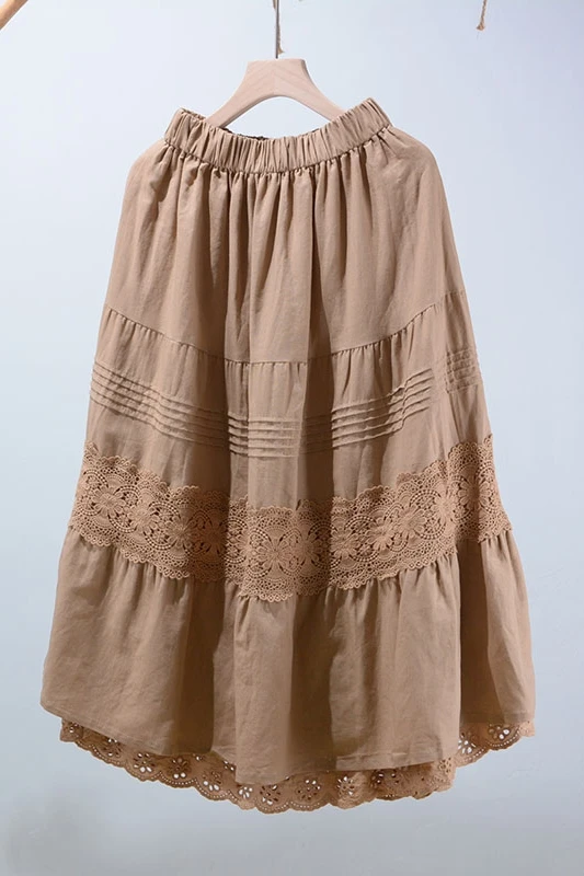 

Solid hollow out lace stitching skirts women double layered elastic waist skirts