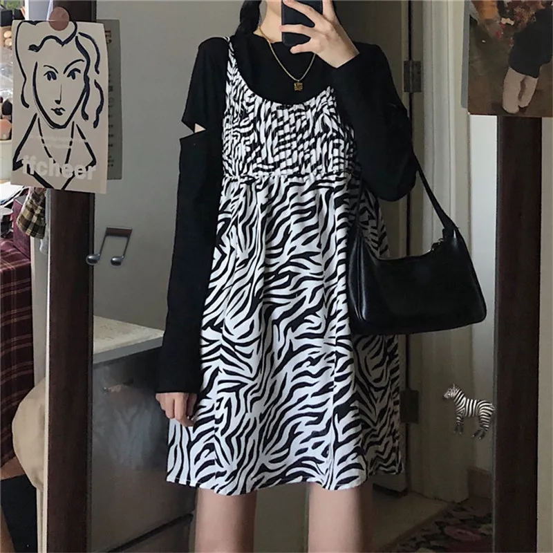 

New Japanese Harajuku Fall Spring Women 2 Pcs Dress Off Shoulder Black Leopard Mini Gothic Punk Style Dress Cute Kawaii Costume