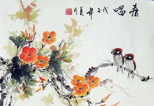 

Традиционное японское искусство с птицами (азиатская Восточная картина), Шелковый плакат, печать 24x36 дюймов